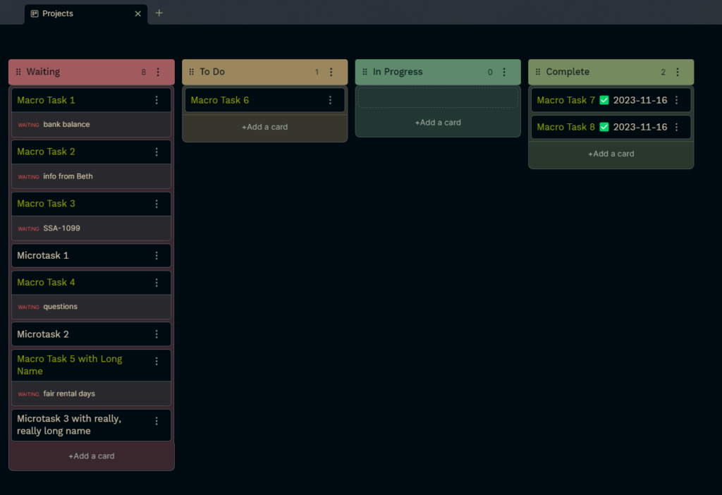 A Kanban page in Obsidian. The page contains four columns: 'Waiting';, 'To Do', 'In Progress,' and 'Complete'. Each column contains various tasks.